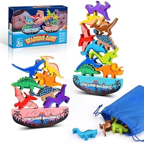 Dinosaur Toys for Kids 3-5: Wooden Stacking Montessori Toys for 3 4 5 6 7 Year Old Balance Competition Game for Family Ideal Christmas Birthday Gifts for Kids Ages 3-7 (Double Version)