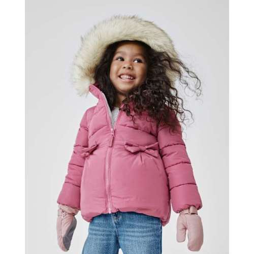Toddler Girls Bow Heavyweight Faux Fur Lined Bubble Puffer Jacket - Pink