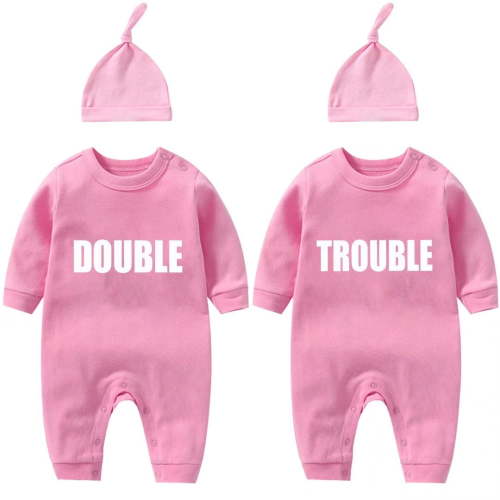 AOUYOA Baby Twins Bodysuits Newborn Baby Outfit with Hair Band Funny Double Trouble Clothing Set with Hat