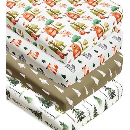 4 Pack Woodland Forest Animals Wood Neutral Unisex Fitted Baby Crib Sheets Set for Baby Boys or Girls Black and White