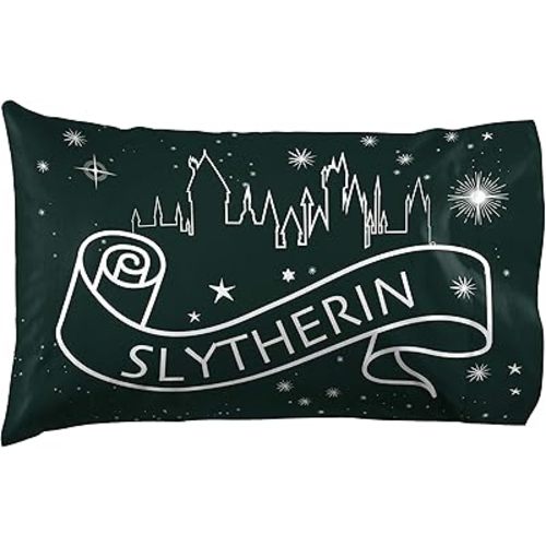 Jay Franco Harry Potter Serpent Stars 1 Pack Pillowcase - Double-Sided Kids Super Soft Bedding - Features Hogwarts House Slytherin