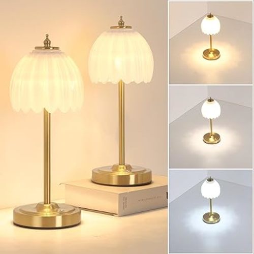 Set of 2 Tulip Table Lamp with 5000mAh Battery & Touch Control, Cordless Small Table Lamp with 3 Colors, Dimmable Rechargeable Table Lamps for Bedroom, Desk, Bedside (White Tulip)