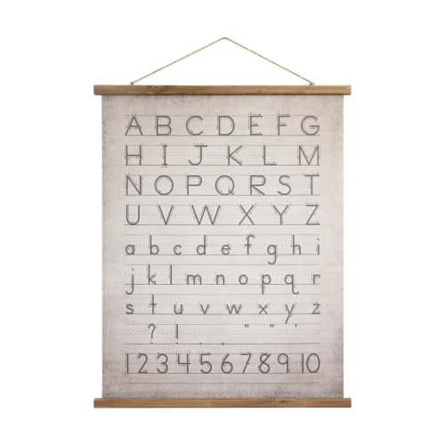 Creative Co-Op Canvas and Wood Scroll Wall Decor with Alphabet, Numbers and Jute Hanger, Multicolor