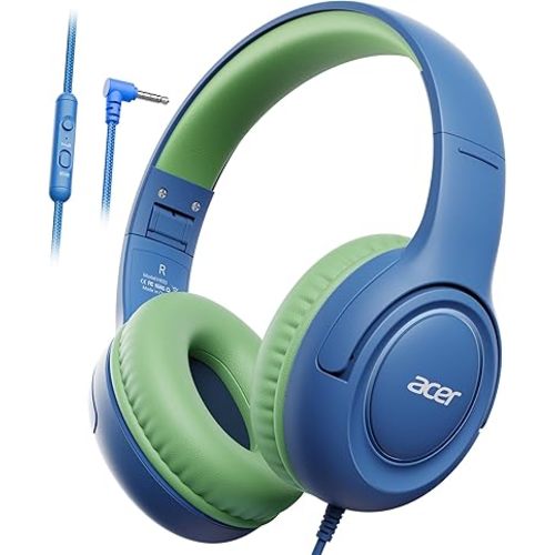acer Kids Headphones - Over-Ear 85/94dB Volume Limiter, 3.5mm Jack Foldable Stereo Sound Headset for Toddlers Girls Boys Travel Learning Entertainment Tablet Kindle iPad PC Blue Green, HK03