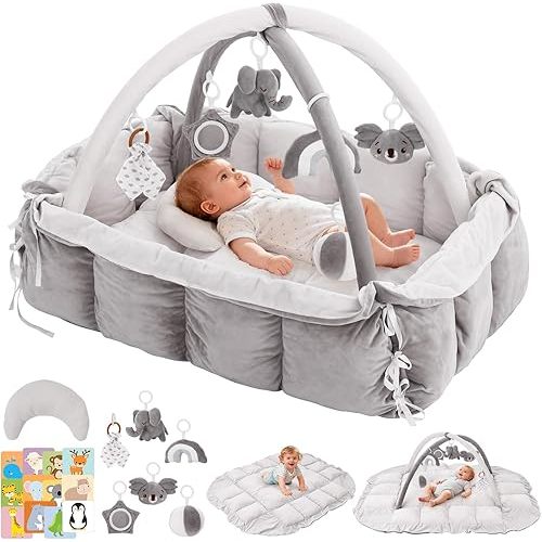5-in-1 Baby Play Gym and Tummy Time Mat, Tummy Time Pillow & 12 Learning Cards, Plush Activity Mat with 6 Toys, Baby Gym, Convertible to Ball Pit, Baby Gift, Grey
