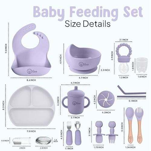 O'doe 17-Piece BPA-Free Silicone Baby Feeding Set | Thick & Soft Suction Plates, Baby Bowls, Wooden Fork & Spoon, and More | Make Mealtime Fun and Easy for Your Little One (Purple, V2)