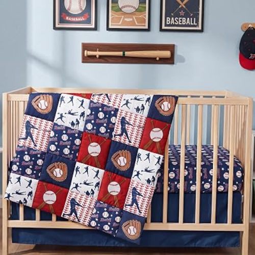 Peryiter 3 Pcs Baseball Crib Sheet Set Baby Crib Bedding Set Includes 52"x28" Fitted Sheet, Quilt, Bed Skirt for Newborn Boy Girl Cute Nursery Newborn Sheets Decor