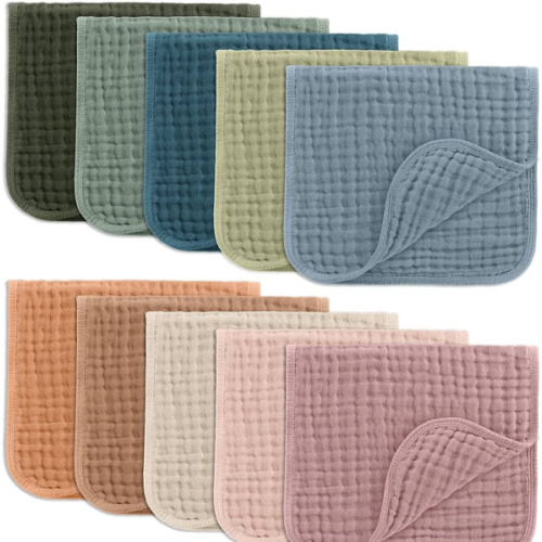 Comfy Cubs Muslin Burp Cloths 20" x 10", Pack of 10 - Large, 6-Layer, Ultra Absorbent 100% Cotton for Baby Drool and Messes - Soft, Safe & Gentle Baby Burp Cloths for Boys & Girls - Multi