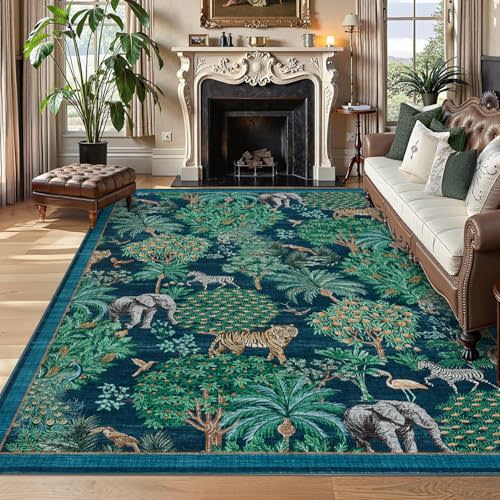 GarveeHome Jungle 8x10 Area Rug Washable Rugs for Living Room, Forest Rug Non Slip Low Pile Soft Indoor Stain Resistance Animal Print Carpet for Bedroom Dining Room Playroom Nursery, Blue