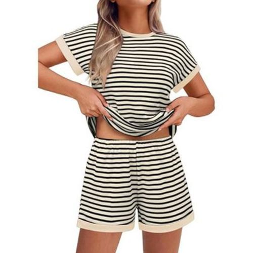 Ekouaer 2 Piece Sets for Women Summer Outfits Cute Stripe Knit T Shirts Shorts Matching Lounge Set Beige Striped M