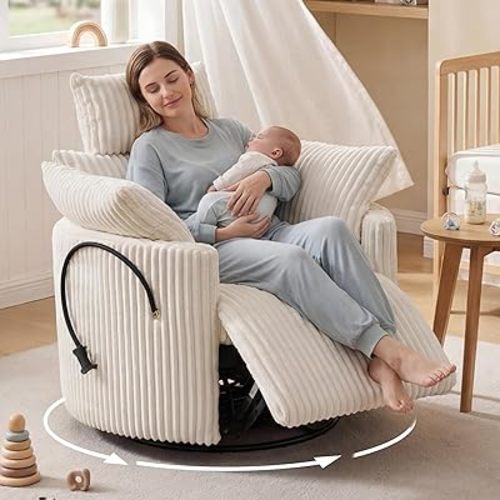 Corduroy Manual Nursery Rocking Recliner with Adjustable Headrest, White