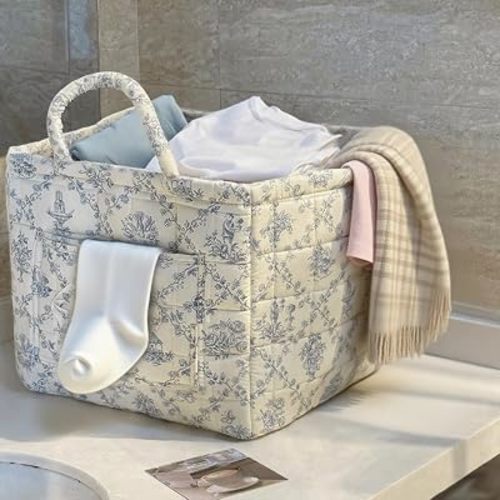 Foldable Laundry Basket Boho Bear Storage Basket Floral Quilted Fabric Car Storage Basket Handles Large Laundry Baskets for Clothes and Dolls