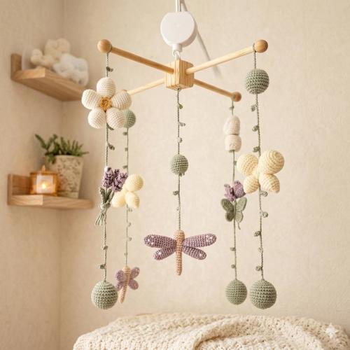 Crochet Crib Mobile with Flowers & Dragonfly, Neutral Boho Decor, Baby Shower Gift