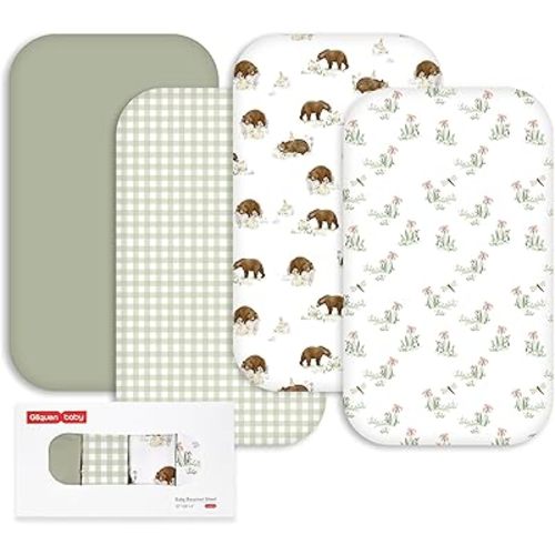 Gllquen Baby Bedside Sleeper Sheets 33x20 Inch 4 Pack - Fitted Crib Mattress Covers, Ultra Soft Oeko-TEX Certified Bassinet Sheets for Girls Boys, Gift Ready Box for Baby Shower (Forest Tale)