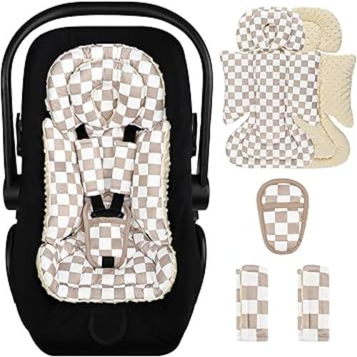 DILIMI Infant Car Seat Insert, Baby Car Seat Head Support with Removable Headrest, Adjustable Newborn Car Seat Cushion with3 Strap Paddings for Stroller, Swing, Bouncers, Coffee Lattice