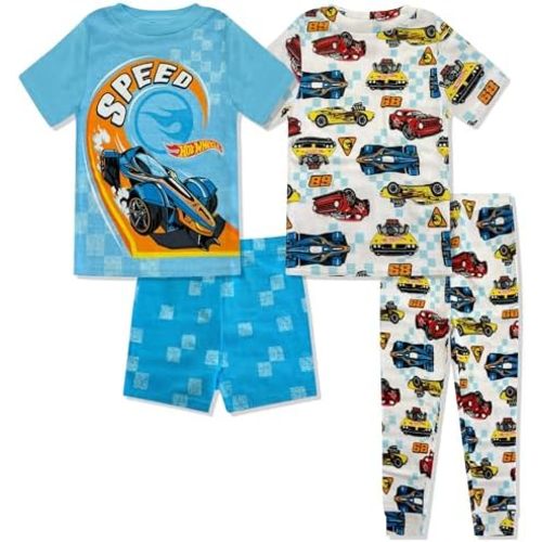 Hot Wheels 4 Piece Pajama Set - Toddler Boys PJ Set, 2 Short Sleeve Shirts Shorts & Pants - Kids Sleepwear - Official License