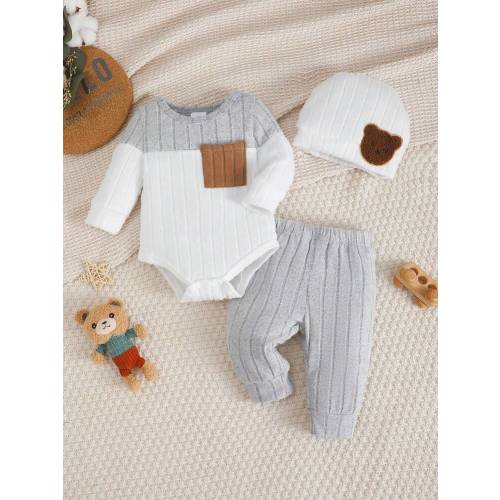3pcs Newborn Baby Boy Colorblock Bodysuit + Pants + Hat Set, Suitable For 0-18 Months | SHEIN USA
