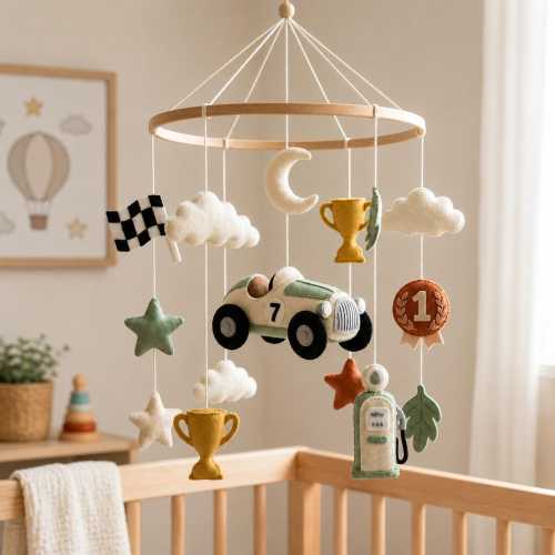 Vintage Racing Car Baby Mobile, Race Track Nursery Decor, Felt Race Car Mobile, Car Theme Crib Mobile, Baby Shower Gift