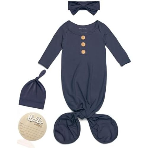 Baby Noah Newborn Knotted Gown, Ultra-Soft Silky Long Sleeve Sleeper, Unisex Coming Home Outfit Set With Wooden Name Sign