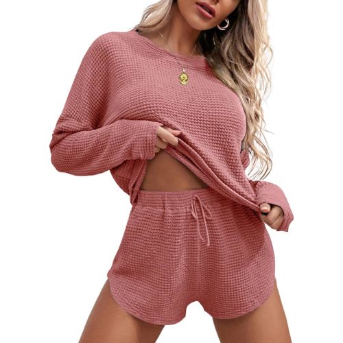 Ekouaer Womens Waffle Knit Pajama Sets Long Sleeve Top and Shorts Matching Lounge Set Loungewear Sweatsuit with Pockets