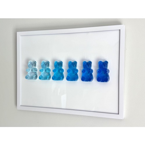 Blue Ombre Gummy Bear Resin Wall Art: Handmade Pop Art Decor (12x16), White Frame