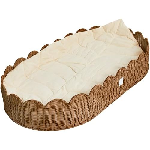 BEBE BASK Premium Baby Changing Basket - Artisan-Crafted Scalloped Rattan - Changing Basket for Baby Dresser - All Accessories Included - Complete Set for Nursery (Mocca)