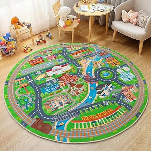 Car Rug Play Mat for Kids Toy Cars, Road Traffic Playmat for Kid Bedroom, Non-Slip Machine Washable Town City Race Track Carpet for Learn and Have Fun Round 47"