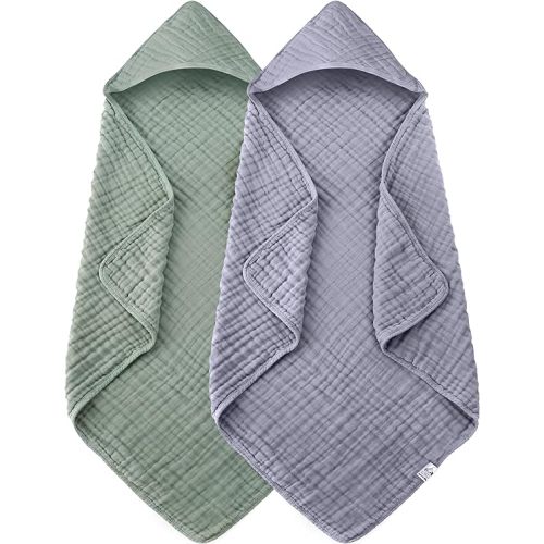 2 Pack Hooded Baby Towels - 100% Muslin Cotton for Newborns, Infants, Toddlers - Large 32x32Inch Size - Highly Absorbent and Essential for Newborn Care, Green and Grey