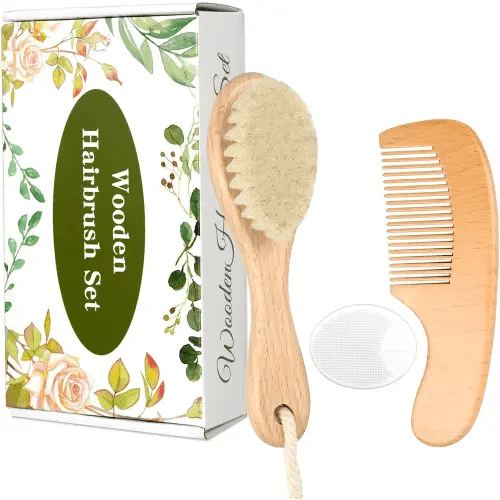 Wooden Baby Hair Brush and Comb Set, 3Pcs Natural Soft Goat Bristles Brush Cradle Cap Comb Baby Shower Scrubber Perfect Scalp Grooming Product for Newborn, Toddler, Infant (White)