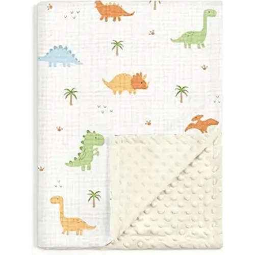 Dinosaur Baby Blankets for Boys, Soft Nursery Minky Blankets with Muslin and Dotted Fleece Back 30x40 inches, Receiving Bed Quilt for Newborn, Infants, Toddlers