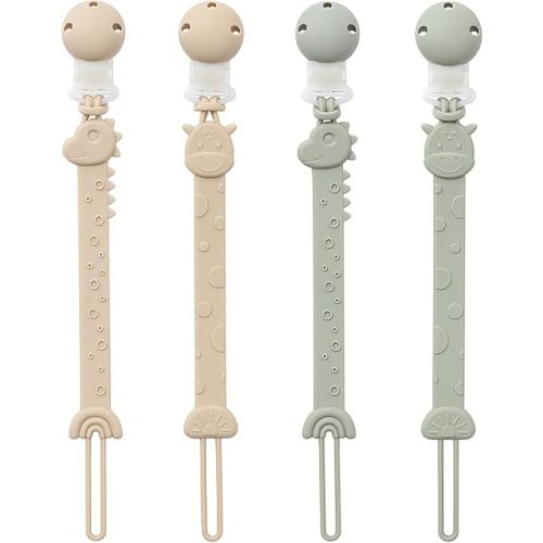 Pacifier Clips for Baby Boys Girls, One-Piece Silicone Pacifier Holder Strap 4 Pack, Binky Paci Clips Animal Rainbow Design, Lightweight Break-Resistant, Dishwasher Safe-Ivory+Sage