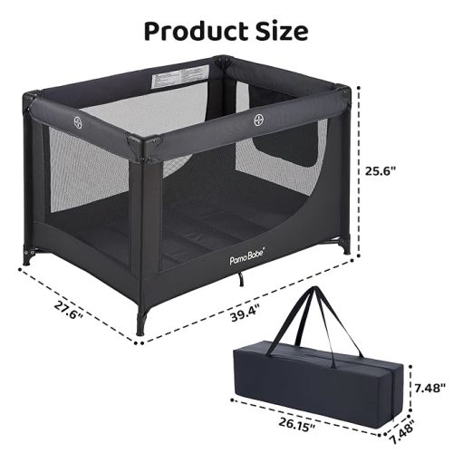 Pamo Babe Compact Pack and Play - Portable Crib for Baby, Lightweight Foldable Travel Playard with Mattress Pad & Carry Bag, Safe Breathable Travel Bed for Home, Trips & Family Visits, Black
