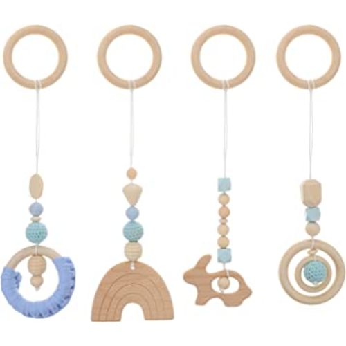 Teething Rings 4Pcs Baby Gym Wood Toys Wooden Hanging Toy Wood Activity Pendant Hanging Toy Dangling Teething Soother Sensory Toys Nursery Decor Montessori Play Gym