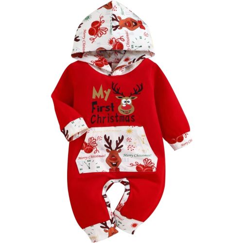 Noubeau My First Christmas Baby Girl Boy Outfit Car Truck Long Sleeve Pocket Hooded Romper Jumpsuit Xmas One Piece Clothes - 0-3 Months - Red-f