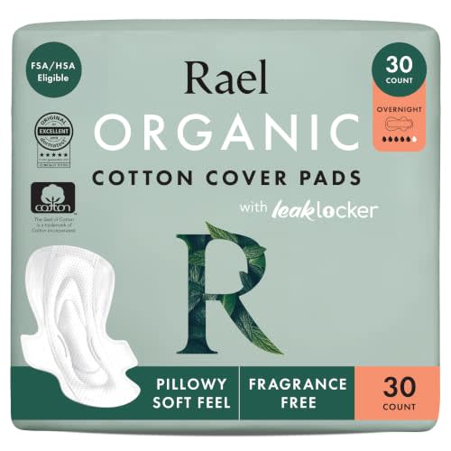 Rael Organic Cotton Cover Sanitary Pads for Women, Heavy (Overnight, 30 Ct) | Ultra Thin Period Pads with Wings, Heavy Absorbency, Unscented, Chlorine Free, Period Essentials, Feminine Care