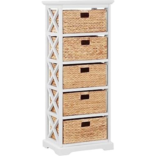 eHemco Hampton Meadows 5 Tier X-Side End Storage Cabinet with 5 Wicker Baskets, White