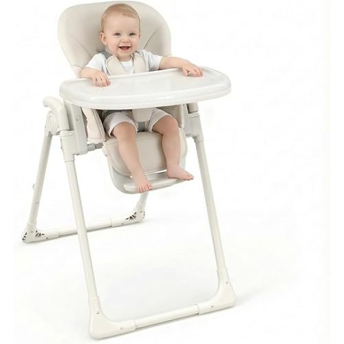 High Chair, Foldable High Chairs for Babies and Toddlers, Adjustable Height, Backrest and Footrest, Removable Tray, Beige