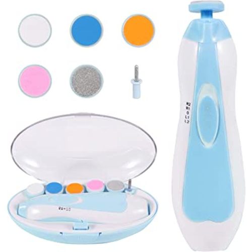 Baby Nail Trimmer Electric, Low Noise Newborn Safe Nail Clipper Kit with Light and Replaceable 6 Grinding Heads, Hand-Holding Care Polish and Trim for Infant Toddler Adults Toes Fingernails, Blue
