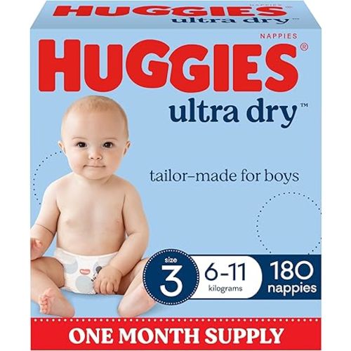 Huggies Ultra Dry Nappies Boys Size 3 (6-11kg) 180 Count - One Month Supply (Packaging May Vary)