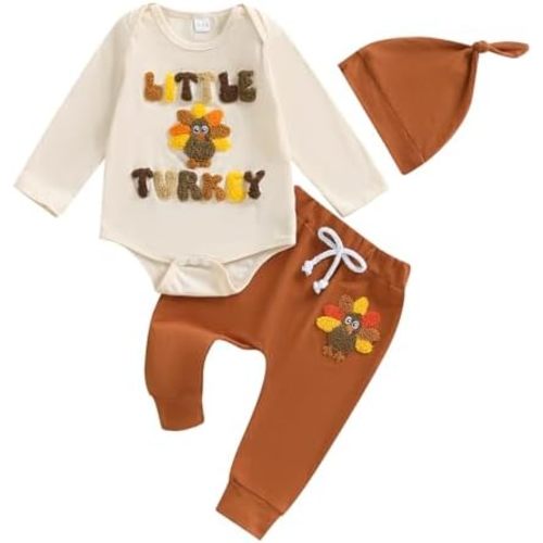 Kuriozud Newborn Infant Baby First Thanksgiving Outfits Turkey Romper Bodysuit Top Pants Hat 3 Piece Clothes Set