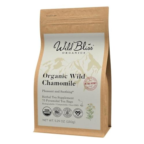Wild Bliss Organic Chamomile Tea - Caffeine Free Calming Herbal Support - Pharmacopoeia Potency - 75 Plant Based Tea Bags