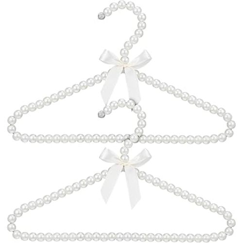 2pcs Pearl Beaded Clothes Hangers for Kids, White Plastic Toddler Hangers with Anti-Slip Design, Space-Saving for Baby Pet Clothes and Garments (11.81In X 7.48In)