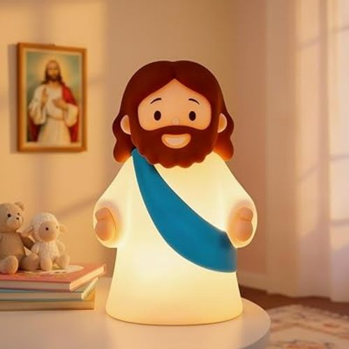 magical JD Little Jesus Night Light, Mini Silicone Jesus Lamp, Dimmable Rechargeable Touch Bedside Lamp for Nursery & Kids, Ideal Religious Gift for Christmas, Easter and Baptism (Blue)