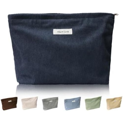 Wudygirl Cosmetic Bags for Women Travel Makeup Bag Aesthetic Women Handbags Purses Large Capacity Corduroy Toiletry Bag Zipper Pouch(Navy Blue)