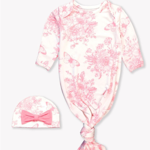 Bubblegum Pink Butterfly Toile Ruffle Knotted Sleep Gown & Hat Set