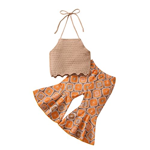 Ursobutegl Toddler Baby Girl Boho Outfits Floral Sleeveless Halter Crop Top Bell Bottom Pants Summer Clothes Set