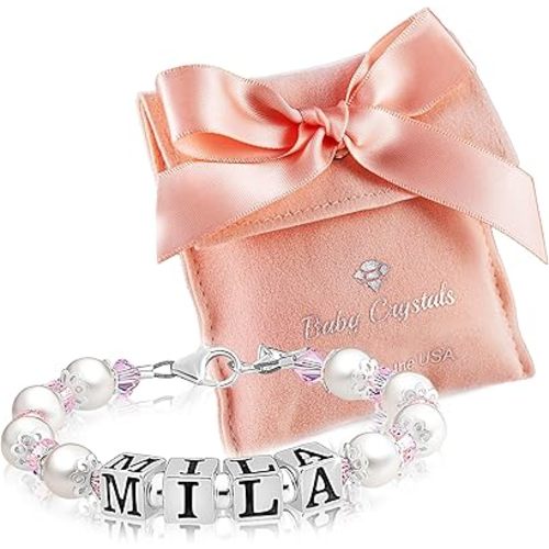 Customized Name Letter Charm Bracelet Alphabet Bead, White Pearl, Pink Crystals, Personalized Baby Girl Jewelry, Kids bracelets for Girls, Sterling Silver bracelet baby gift, Baptism, Birthday Gifts