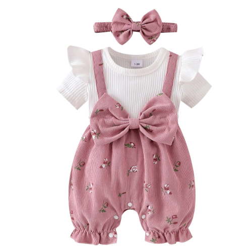 KEXE Cute Baby Girl Clothes Baby Clothes 9-12 Months Girls Newborn Baby Girl Fall Clothes Bow Jumpsuits Ruffle Short Sleeve Outfit Infant Cute Romper