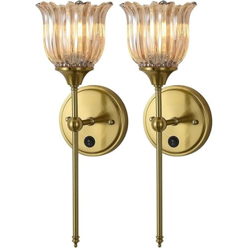 Modern Wall Sconces Set of 2 with Amber Flower Glass Shade, Mid Century Bathroom Vanity Wall Light Fixtures Gold Vintage Wall Lights with Switch for Mirror Bedroom Living Room