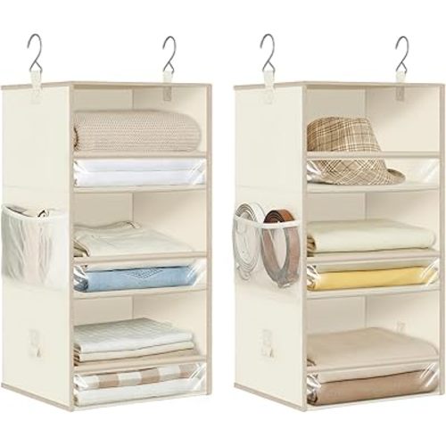 STORAGE MANIAC 6-Shelf Hanging Closet Organizer and Storage, 2 Separable 3-Shelf Haning Organizers for Closet, Collapsible Hanging Shelves Wardrobe Organization, College Dorm Room, Nursery, Beige